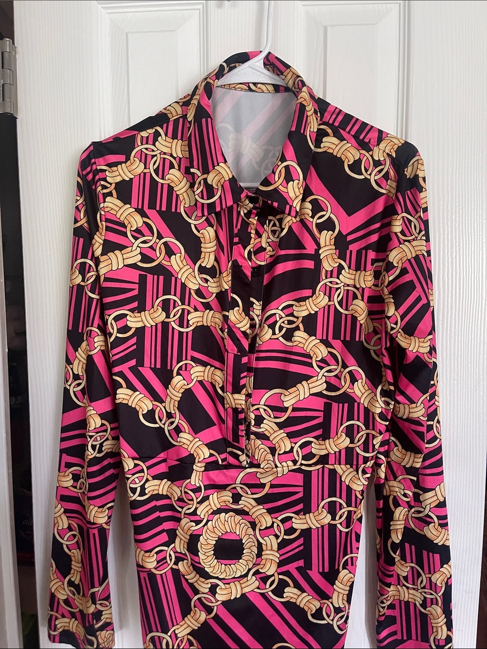 Women's Pink & Black Chain Print Button-Up Dress